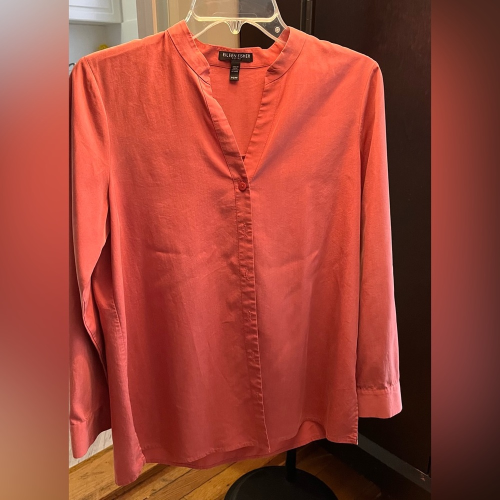 Burnt orange Eileen Fisher PS button down blouse - no collar. Easy fit